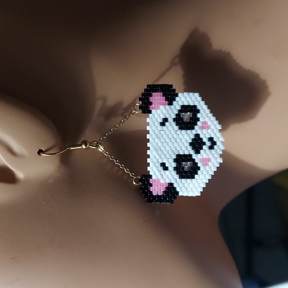 Panda Face Brick Stitch Beaded Handmade Hanging Earrings - Picture 2 of 7